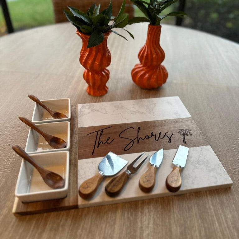 Personalized 11pc Marble & Acacia Wood Charcuterie Board Gift Set