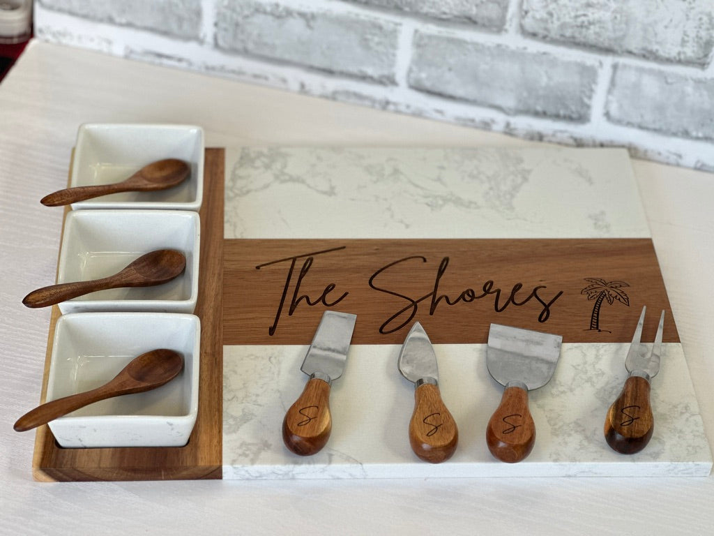 Personalized 11pc Marble & Acacia Wood Charcuterie Board Gift Set