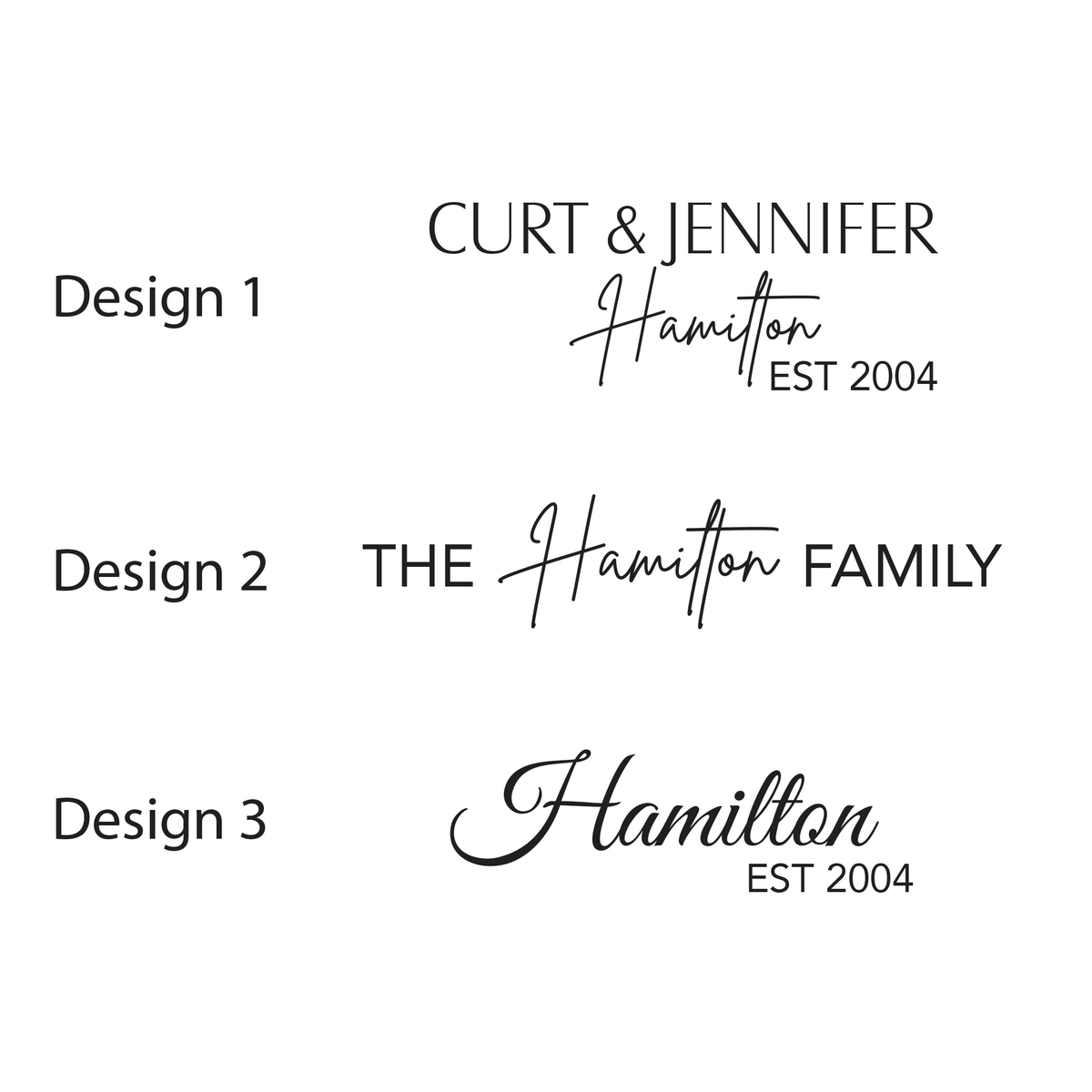 Sample engraving design options for the personalized acacia wood serving tray