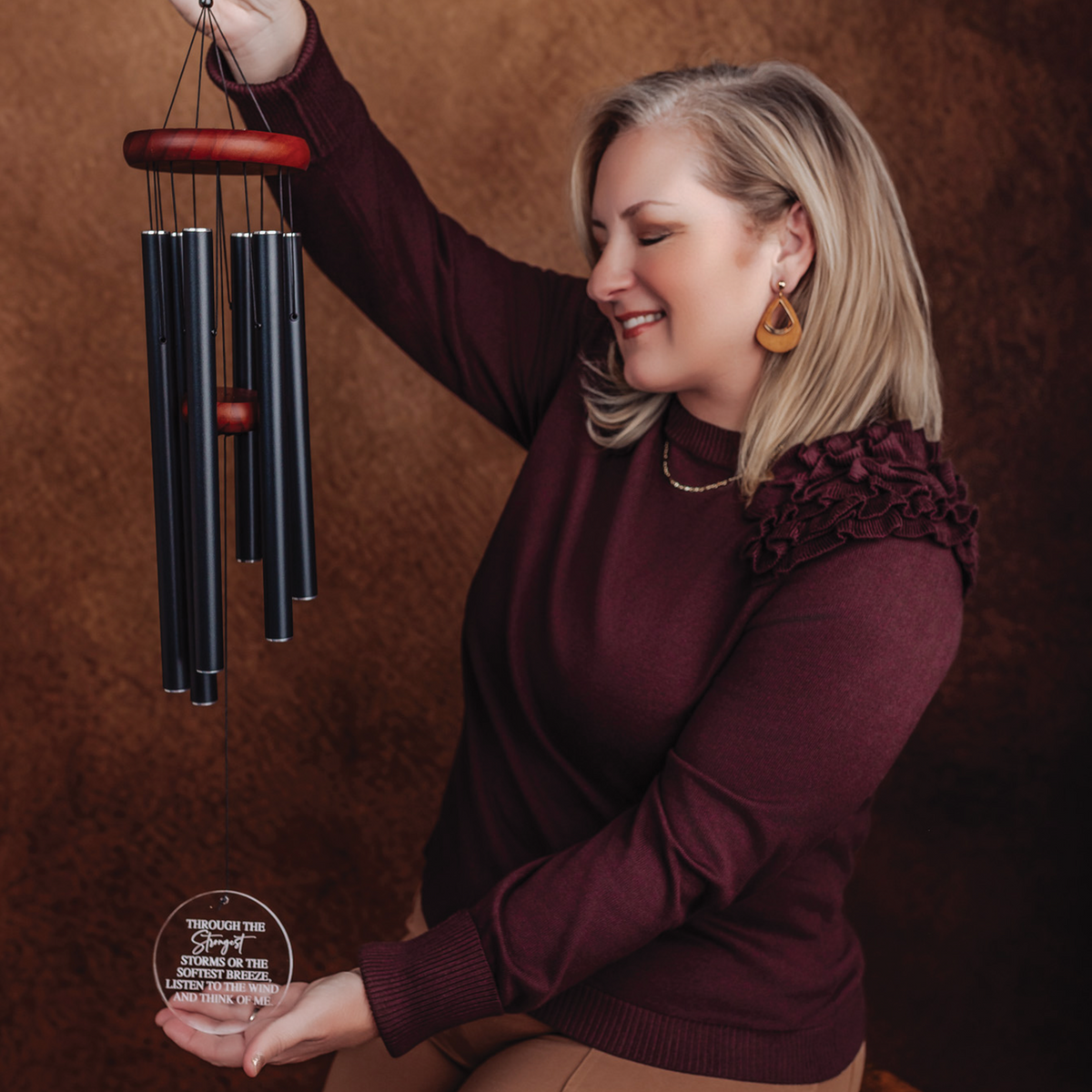Personalized wind chimes hanging display with custom engraved acrylic sail
