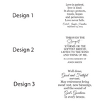 Three memorial quote designs labeled Design 1, Design 2, and Design 3 on a white background, with black serif and script text examples for remembrance messages.