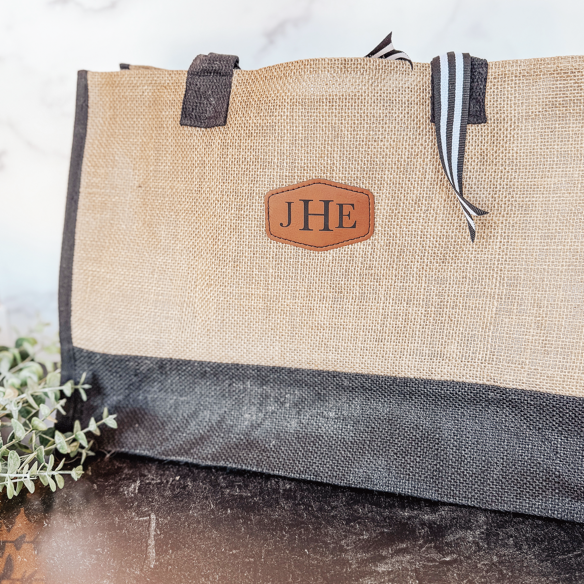 Personalized Jute Tote Bag with Leather Patch