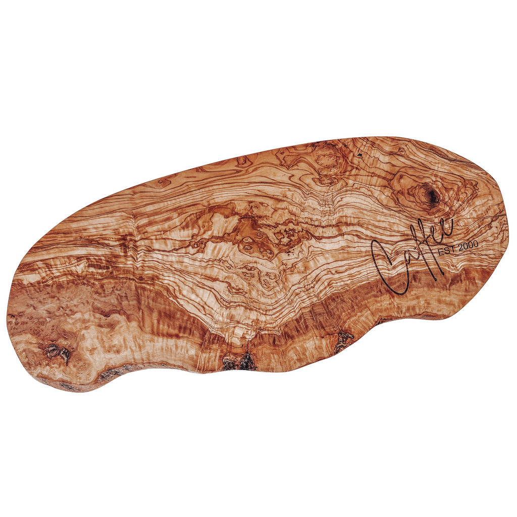 24inch Personalized live-edge olivewood cutting board engraved with a custom name and date